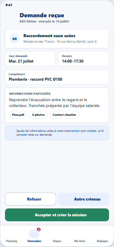 Détail mobile d'une demande entrante avec les actions refuser, proposer un autre créneau ou accepter