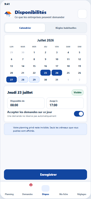Écran mobile des disponibilités choisies par l'AE sans exposition du planning complet