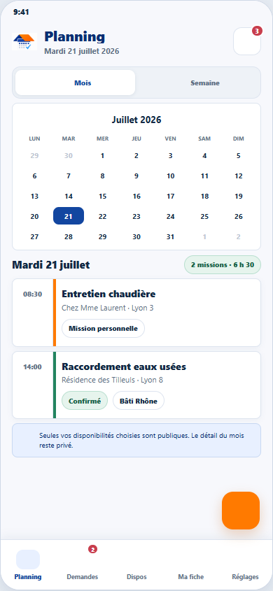 Écran mobile du planning privé AE avec calendrier et missions de la journée