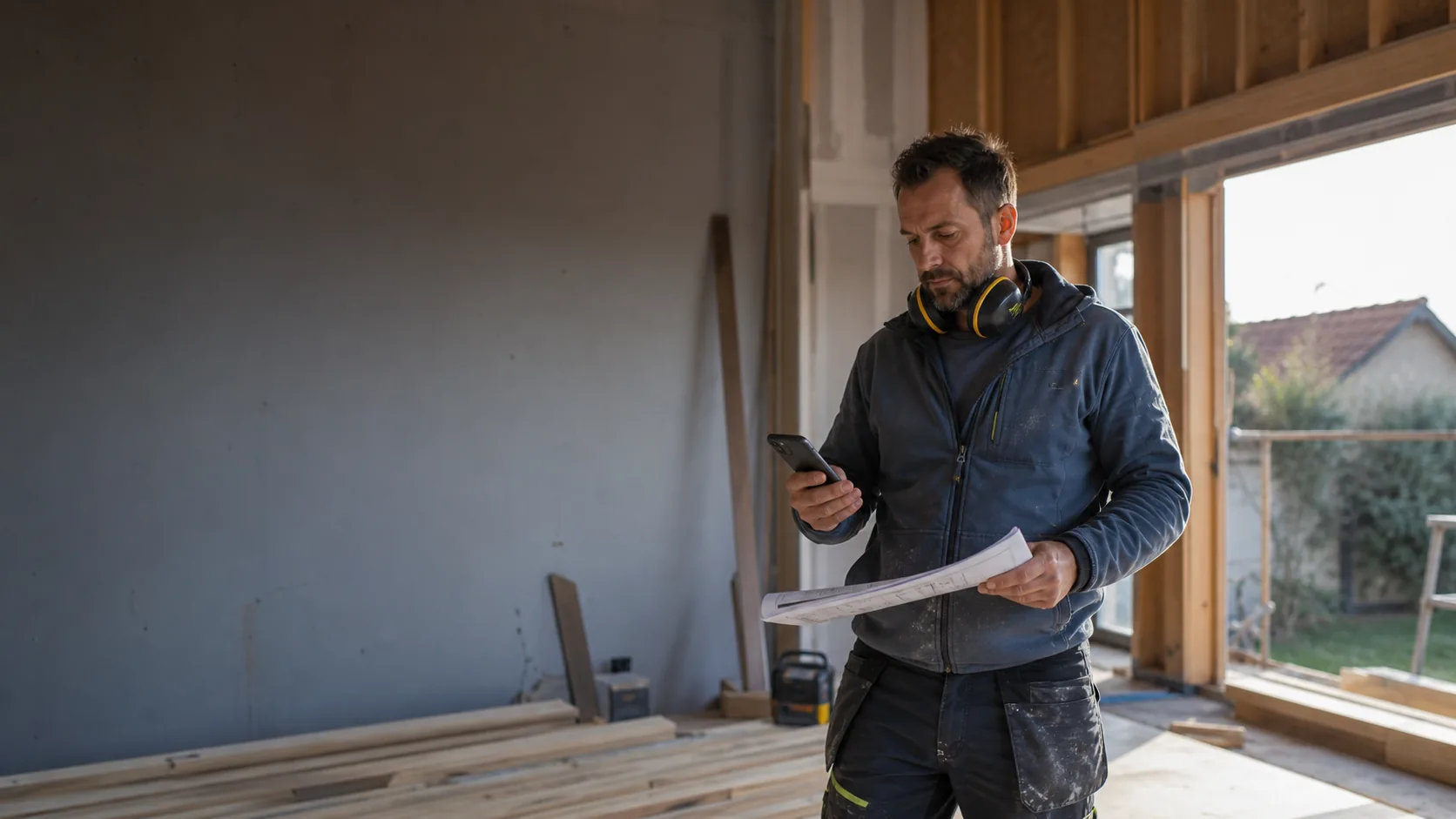 Professionnel du bâtiment consultant son planning sur un chantier de rénovation