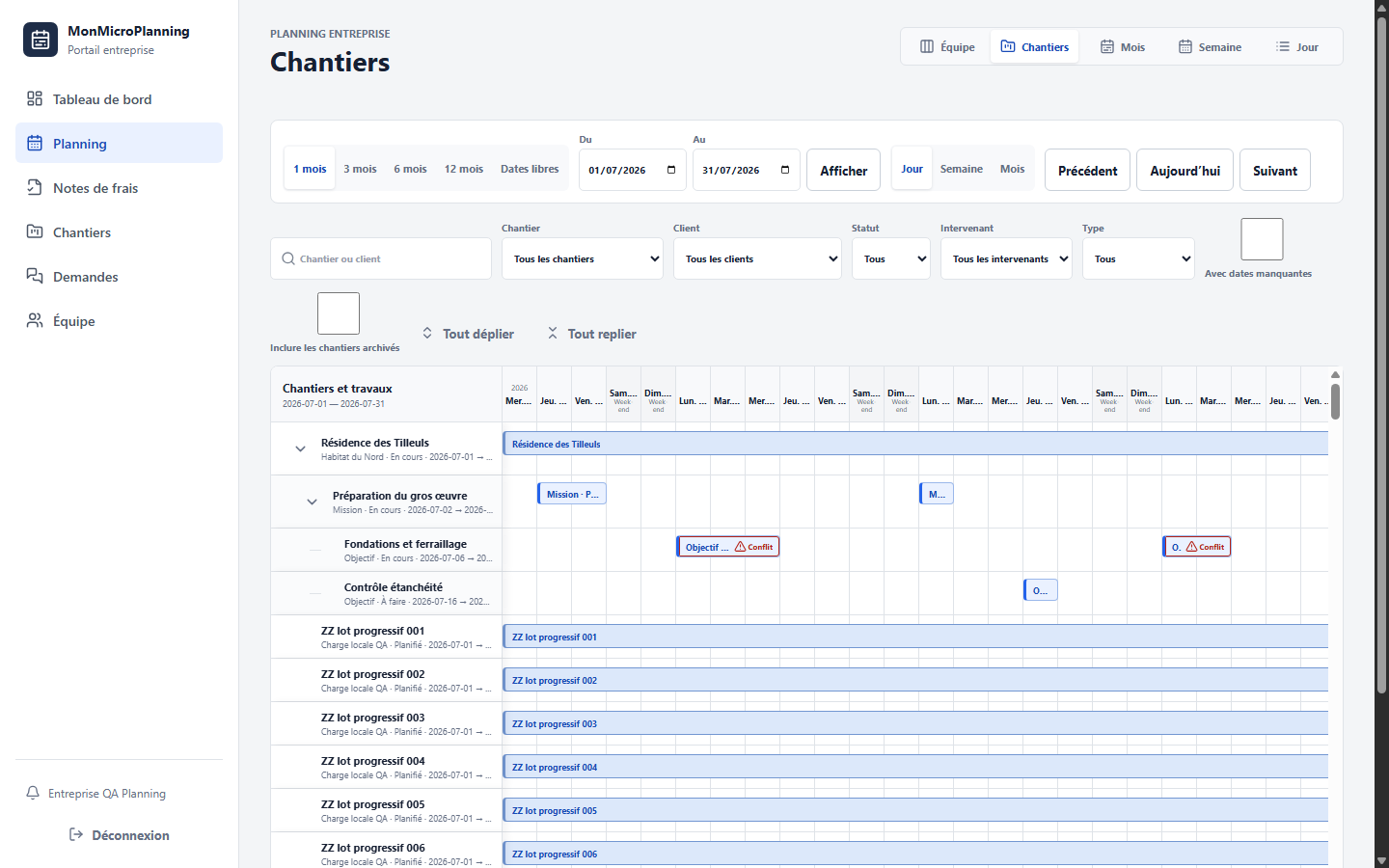 Portail MonMicroPlanning affichant le planning d'une journée de chantier
