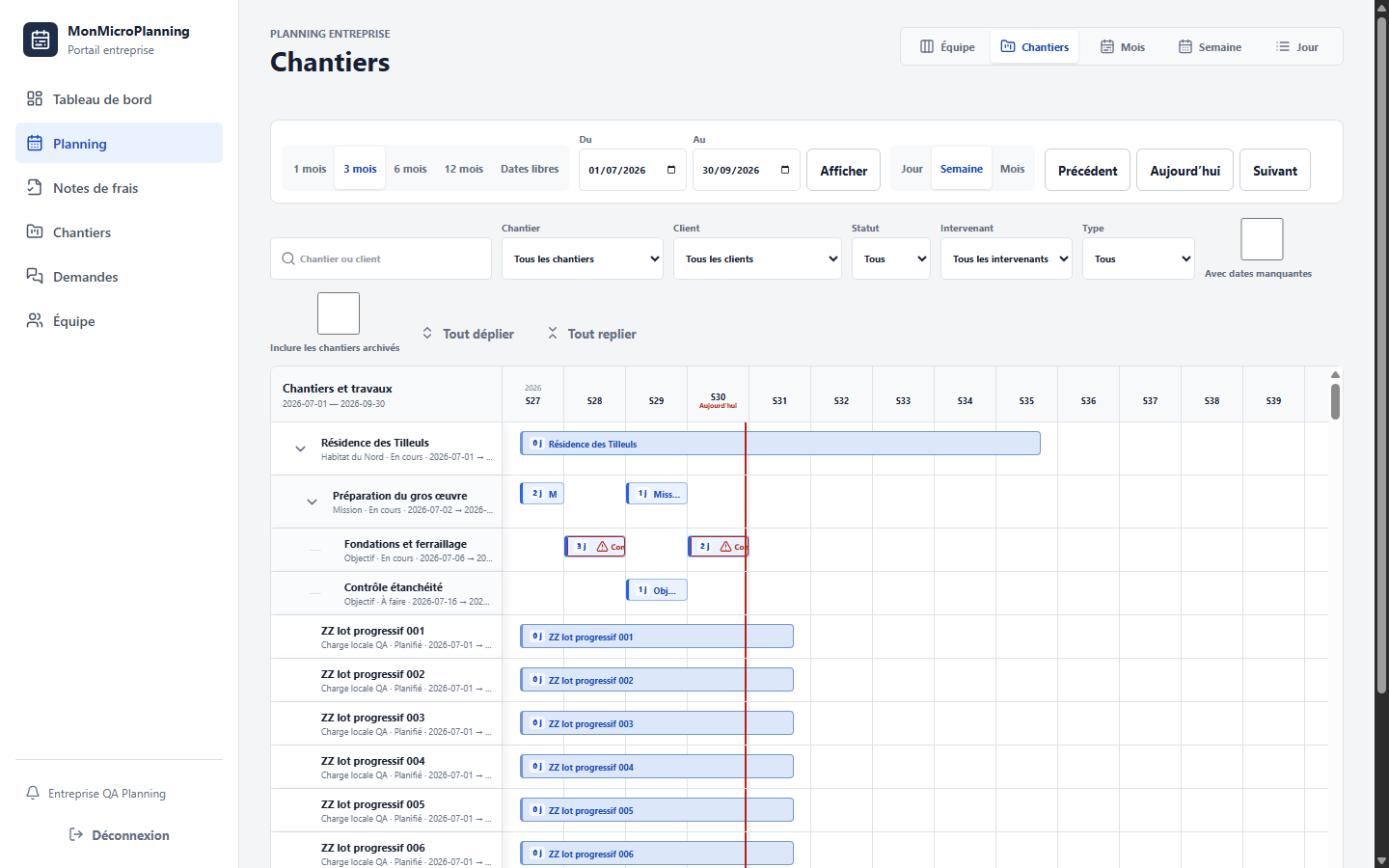 Portail MonMicroPlanning affichant le planning multi-chantier d'une entreprise avec ses filtres et ses affectations